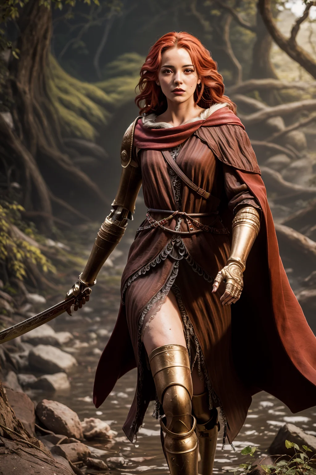 eldenring\(malenia\), (8k, RAW photo, best quality, masterpiece:1.2), (realistic, photo-realistic:1.37),beautiful face, beautiful eyes, very long hair, 1girl, beautiful face, (long red cape:1.3), solo, mecha right arm, mecha left leg, (cursed_left_arm), very long hair, red hair, red cape, dress, closed mouth, full body,(right hand prosthesis:1.3), (((left hand is nature))), ((prosthesis left leg:1.2)),(right leg is nature:1.1), weapon, holding blade in right hand, face to the viewer, malenia_blade, tattoo , standing, injury on right leg, blood on right leg