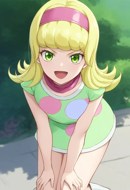 score_9, score_8, score_7_up, yuna goha, long hair, blonde hair, swirly bangs, green eyes, pink headband, happy face, pink headband, green dress, polka dot-patterned dress, pink scarf, thighs, white boots, outdoors, hands on knees, slightly leaning forward, looking at viewer,
