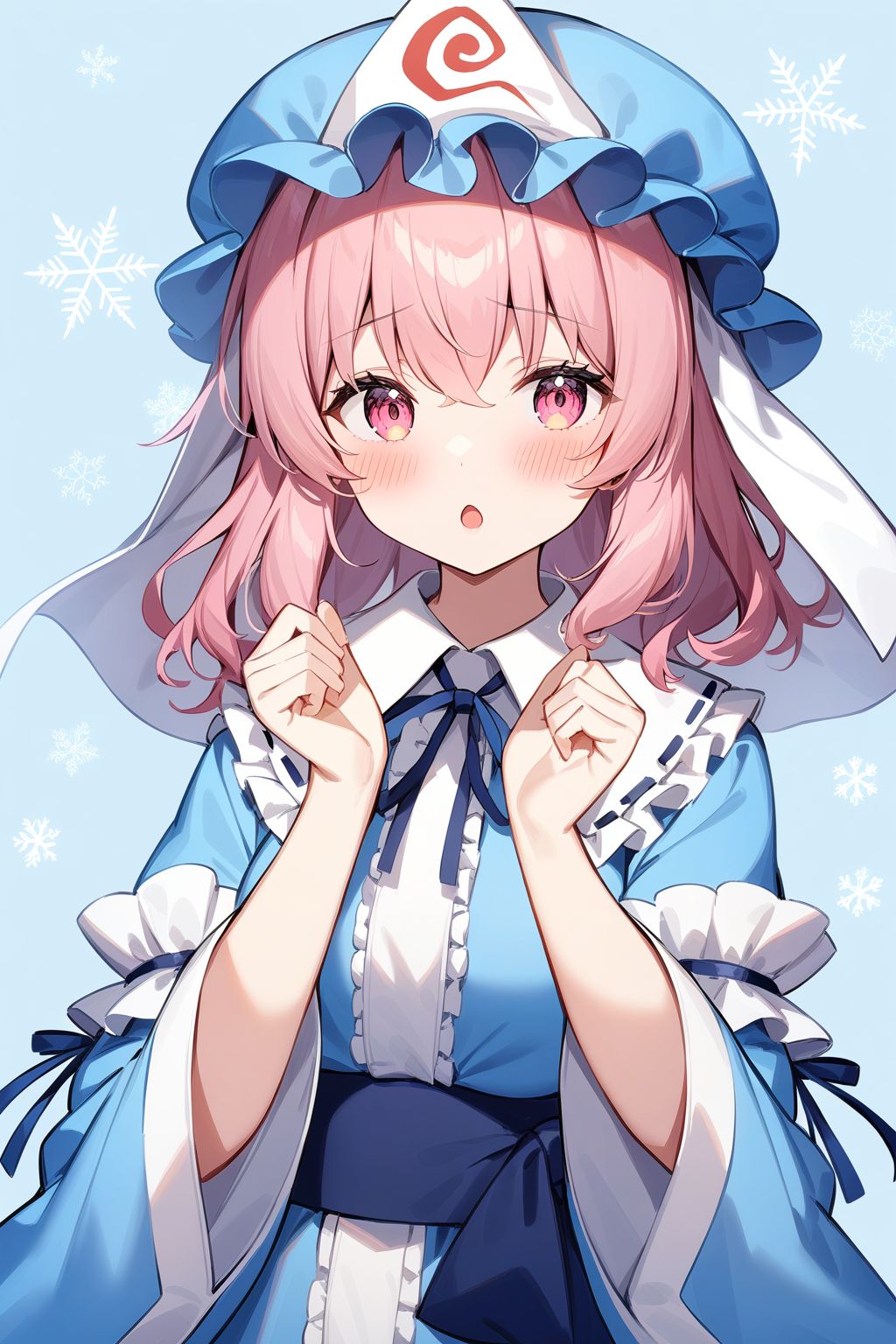 <lora:saigyouji_yuyuko XL:1>,, saigyouji yuyuko, 1girl, solo, hat, triangular headpiece, mob cap, japanese clothes, blue headwear, long sleeves, blue kimono, blue background, kimono, open mouth, simple background, blush, wide sleeves, upper body, looking at viewer, hands up, frills, ribbon, blue ribbon, blue belt, snowflakes, collared dress, :o, masterpiece,best quality,very aesthetic,absurdres