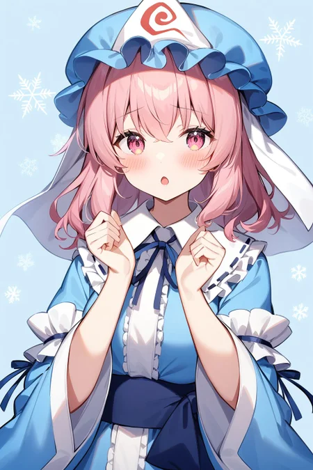 <lora:saigyouji_yuyuko XL:1>,, saigyouji yuyuko, 1girl, solo, hat, triangular headpiece, mob cap, japanese clothes, blue headwear, long sleeves, blue kimono, blue background, kimono, open mouth, simple background, blush, wide sleeves, upper body, looking at viewer, hands up, frills, ribbon, blue ribbon, blue belt, snowflakes, collared dress, :o, masterpiece,best quality,very aesthetic,absurdres