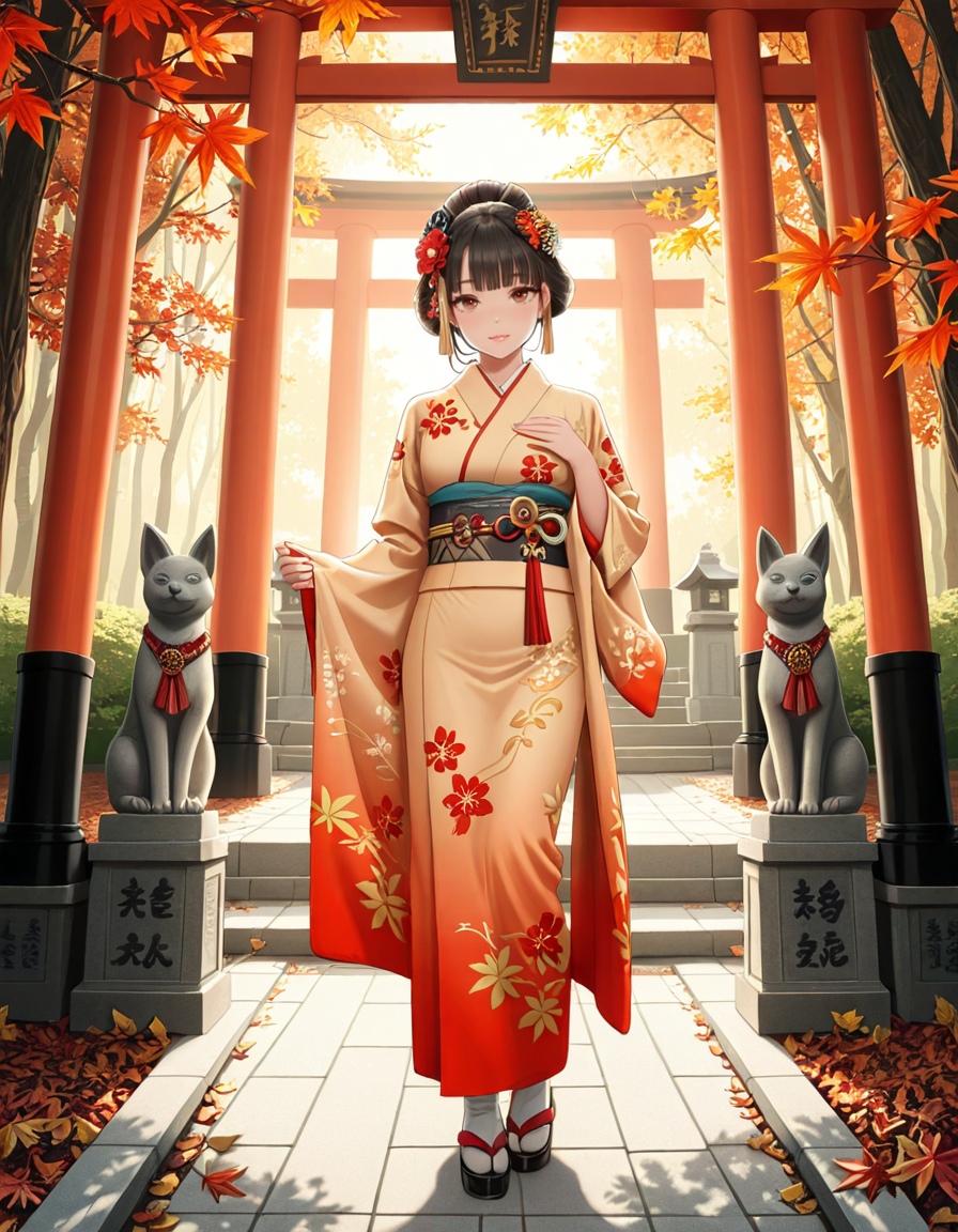 looking at viewer,A graceful Japanese woman standing in front of a traditional Inari shrine, wearing an elegant mauve kimono adorned with intricate floral patterns. Her dark hair is styled in a classic updo, decorated with delicate kanzashi hair ornaments. She has a serene and contemplative expression as she gazes towards the shrine. The scene is set in the late afternoon, with soft golden sunlight filtering through the vibrant red torii gates that create a tunnel leading to the shrine. The ground is covered with autumn leaves in warm shades of red, orange, and yellow. Stone fox statues, draped with sacred red bibs, guard the entrance, adding to the shrine's mystical aura. Traditional stone lanterns emit a soft, warm glow, enhancing the spiritual and tranquil ambiance. The background features lush greenery, contrasting with the shrineâs vivid vermillion hues. The image is in a photorealistic style, with high dynamic range lighting, capturing every intricate detail from the fabricâs texture to the play of light and shadows, evoking a sense of peace and tradition.
<lora:SDXLFaeTastic2400:0.4> <lora:extremely_detailed:0.4> extremely detailed, <lora:Inari_shr1n3:1>,Inari shr1n3, Masterpiece,best quality,hi res,8k,hi res,8k,award winning,(sharp focus, intricate, highly detailed),