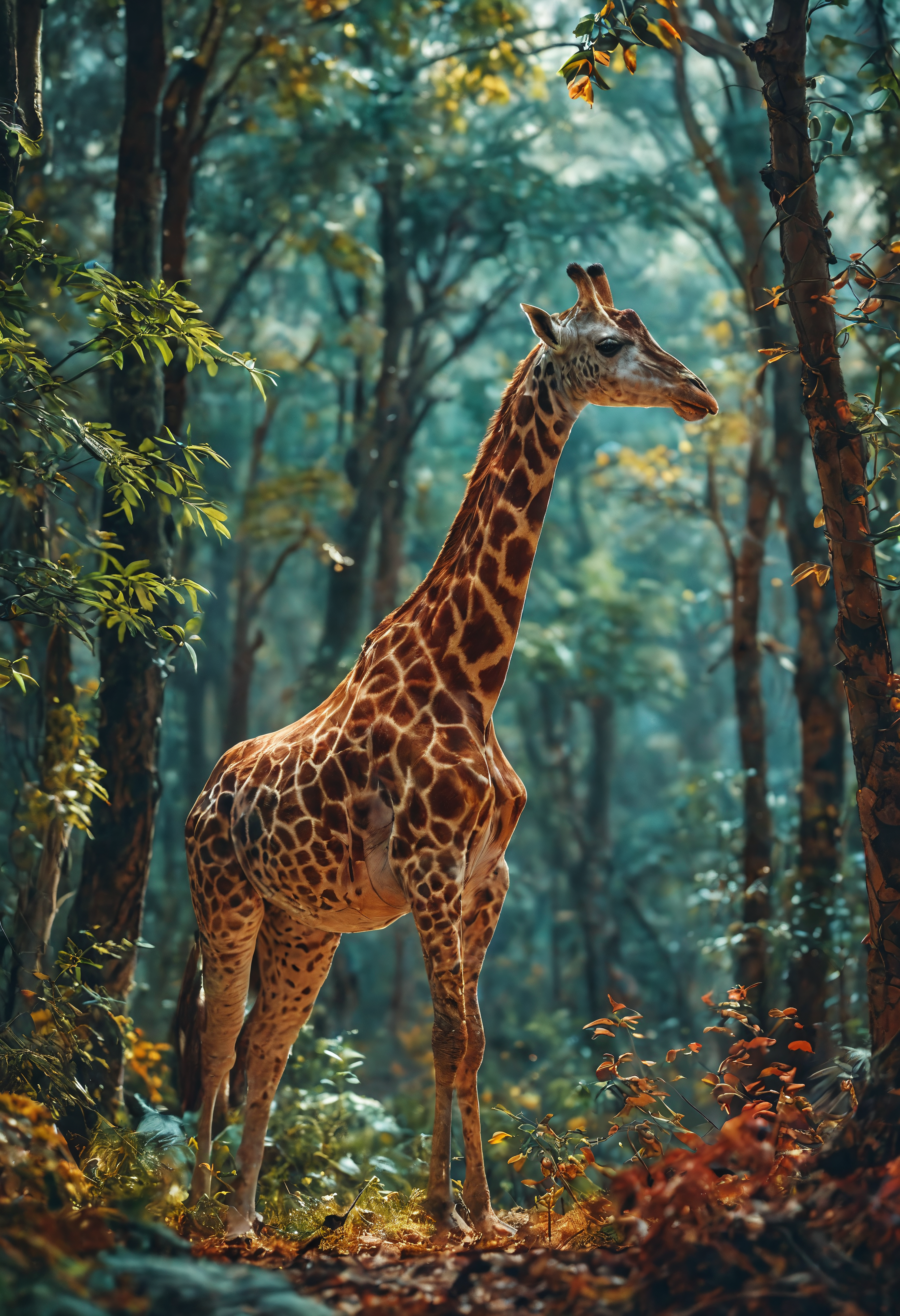 giraffe, in dense forest, vibrant, colorful, cinematic lighting, 8k <lora:add-detail-xl:1> <lora:MJ52:0.5>