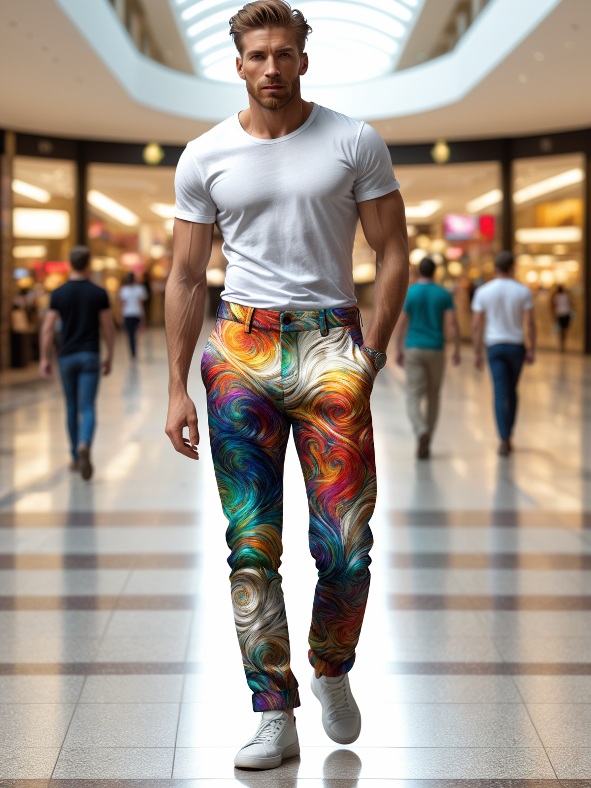 man wearing a colorful mad-vangoghian pants and white tshirt walking through mall, dynamic pose <lora:Colorful_VanGoghian_SDXL:0.6>, (masterpiece:1.2), best quality, (hyperdetailed, highest detailed:1.2), high resolution textures