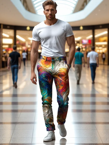 man wearing a colorful mad-vangoghian pants and white tshirt walking through mall, dynamic pose <lora:Colorful_VanGoghian_SDXL:0.6>, (masterpiece:1.2), best quality, (hyperdetailed, highest detailed:1.2), high resolution textures