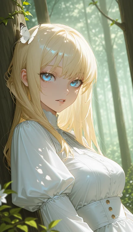 masterpiece, best quality, amazing quality, 4k, very aesthetic, high resolution, ultra-detailed, absurdres, newest, scenery, (dappled sunlight:1.2), rim light, backlit, dramatic shadow, 1girl, long blonde hair, blue eyes, shiny eyes, parted lips, medium breasts, puffy sleeve white dress, forest, flowers, white butterfly, looking at viewer, leaning side against tree, vines, green, arms, upper body, close-up, dutch angle, shiny skin, BREAK, dramatic shadow, depth of field, vignetting, volumetric lighting