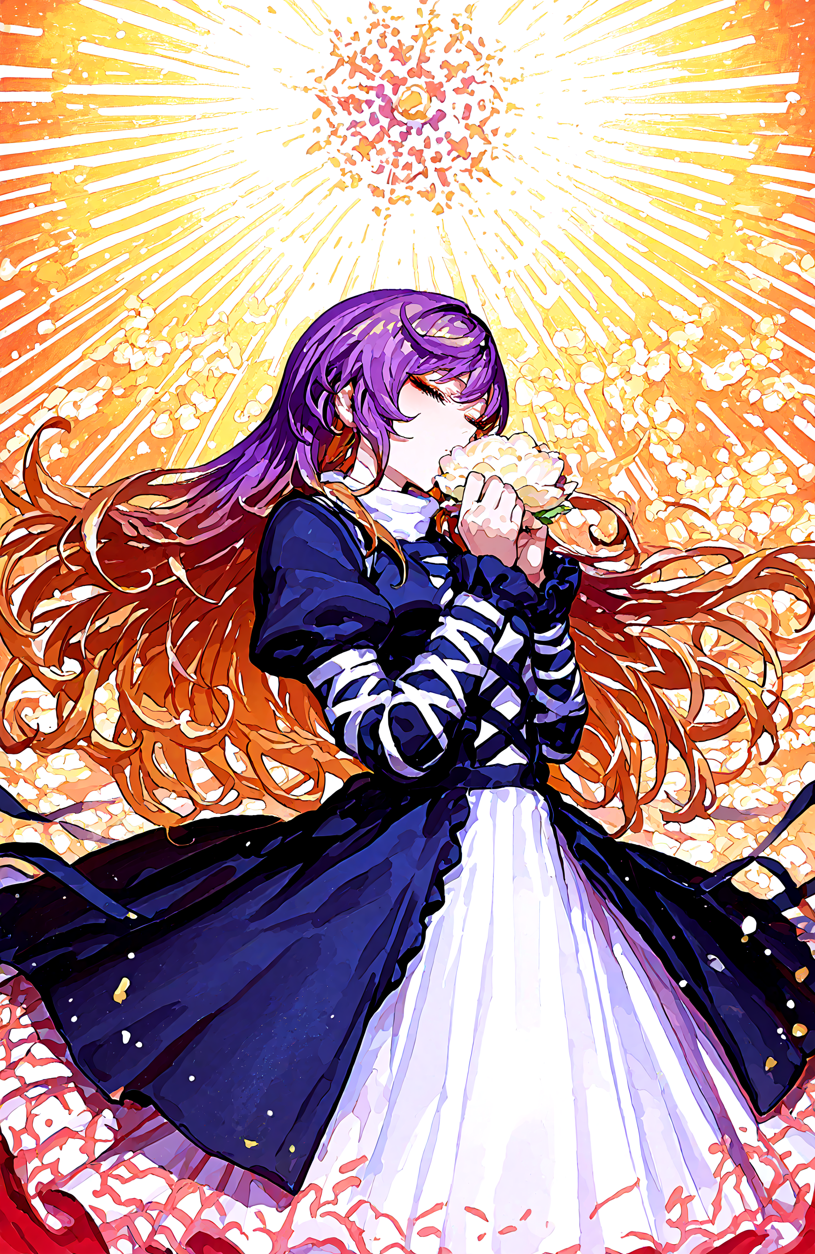 1 girl,  hijiri_byakuren, 1girl, blonde_hair, closed_eyes ,dress ,flower, gradient_hair ,layered_dress, long_hair ,multicolored_hair ,purple_hair ,solo,
christmas_sweater, 
,Fishine, munakata_(sekimizu_kazuki),dekosukentr,kizuki_aruchu ï¼ireadingï¼kubo_tite_(style) ,
ï¼masterpiece, best quality, newest, absurdres, highres,
<lora:illustrious_noobai_epsilon_pred_1_best_quality_v1:0.6> ,<lora:illustrious_noobai_epsilon_pred_1_masterpieces_v1:0.6>, <lora:illustrious_noobai_epsilon_pred_11_very_aesthetic_v1:0.6>, <lora:ponyv5_noobV065S_1_adamW:0.6>, <lora:add-detail-xl:0.5>, <lora:GEN(illust) 0.2v:0.6>, <lora:USNR STYLE_XL_loha:0.6>, <lora:cfg_scale_boost:0.4>, <lora:christmas_sweater:0.8>