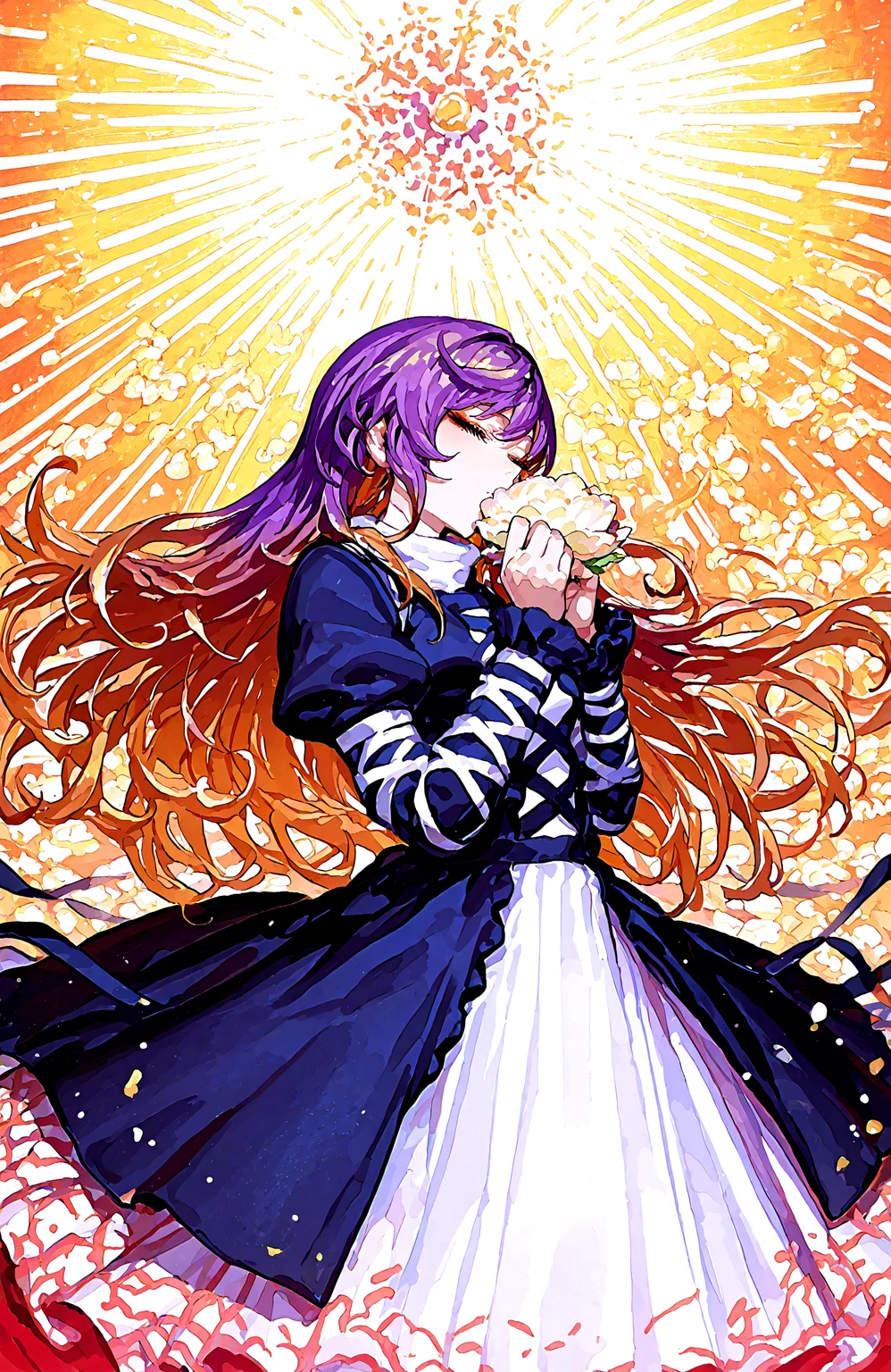 1 girl, hijiri_byakuren, 1girl, blonde_hair, closed_eyes ,dress ,flower, gradient_hair ,layered_dress, long_hair ,multicolored_hair ,purple_hair ,solo,
christmas_sweater,
,Fishine, munakata_(sekimizu_kazuki),dekosukentr,kizuki_aruchu ï¼ireadingï¼kubo_tite_(style) ,
ï¼masterpiece, best quality, newest, absurdres, highres,
<lora:illustrious_noobai_epsilon_pred_1_best_quality_v1:0.6> ,<lora:illustrious_noobai_epsilon_pred_1_masterpieces_v1:0.6>, <lora:illustrious_noobai_epsilon_pred_11_very_aesthetic_v1:0.6>, <lora:ponyv5_noobV065S_1_adamW:0.6>, <lora:add-detail-xl:0.5>, <lora:GEN(illust) 0.2v:0.6>, <lora:USNR STYLE_XL_loha:0.6>, <lora:cfg_scale_boost:0.4>, <lora:christmas_sweater:0.8>