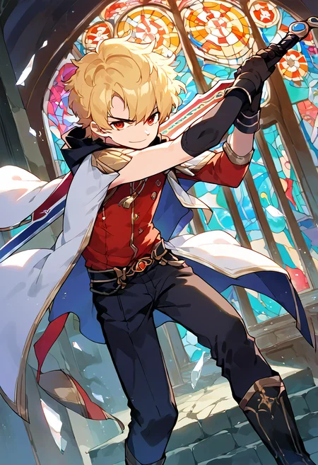 score_9,score_8_up,score_7_up,source_anime,zPDXL3,temple,hourglass,glass,broken glass,stained glass,
*//*,<lora:Zero_Pony:1>,zero_alpha,1boy,solo,blonde hair,short hair,red eyes,gloves,one wing,black gloves,boots,pants,red shirt,long sleeves,white jacket,sleeveless jacket,black hood,hood down,sword,holding sword,light smile,
*//*,looking at viewer,cowboy shot,dutch angle,dynamic pose,aiming a sword at viewer,