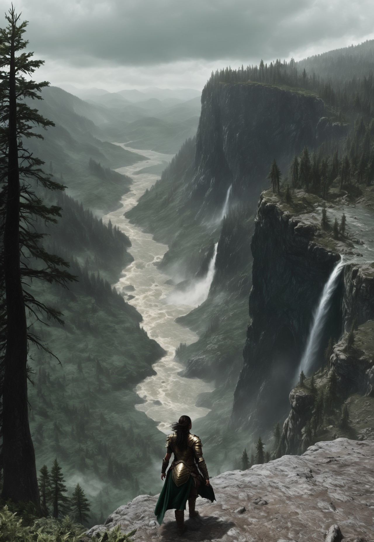 a seasoned female warrior standing on a rocky precipice overlooking a vast, sunlit alien landscape valley dotted with ancient ruins and dense forests. Her leather armor, worn yet meticulously maintained, carries the scars of countless battles, and a flowing green cloak flutters behind her in the mountain breeze, The distant roar of a waterfall mingles with the calls of unseen creatures, creating an atmosphere of both serenity and tension. Overhead, storm clouds gather, their deep grays contrasting with the vibrant emerald and gold tones of the alien landscape below, skyrim, 8k, photorealistic, photorealism, uhd, ultra-detailed