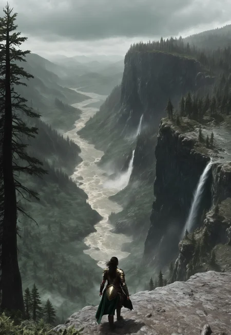 a seasoned female warrior standing on a rocky precipice overlooking a vast, sunlit alien landscape valley dotted with ancient ruins and dense forests. Her leather armor, worn yet meticulously maintained, carries the scars of countless battles, and a flowing green cloak flutters behind her in the mountain breeze, The distant roar of a waterfall mingles with the calls of unseen creatures, creating an atmosphere of both serenity and tension. Overhead, storm clouds gather, their deep grays contrasting with the vibrant emerald and gold tones of the alien landscape below, skyrim, 8k, photorealistic, photorealism, uhd, ultra-detailed