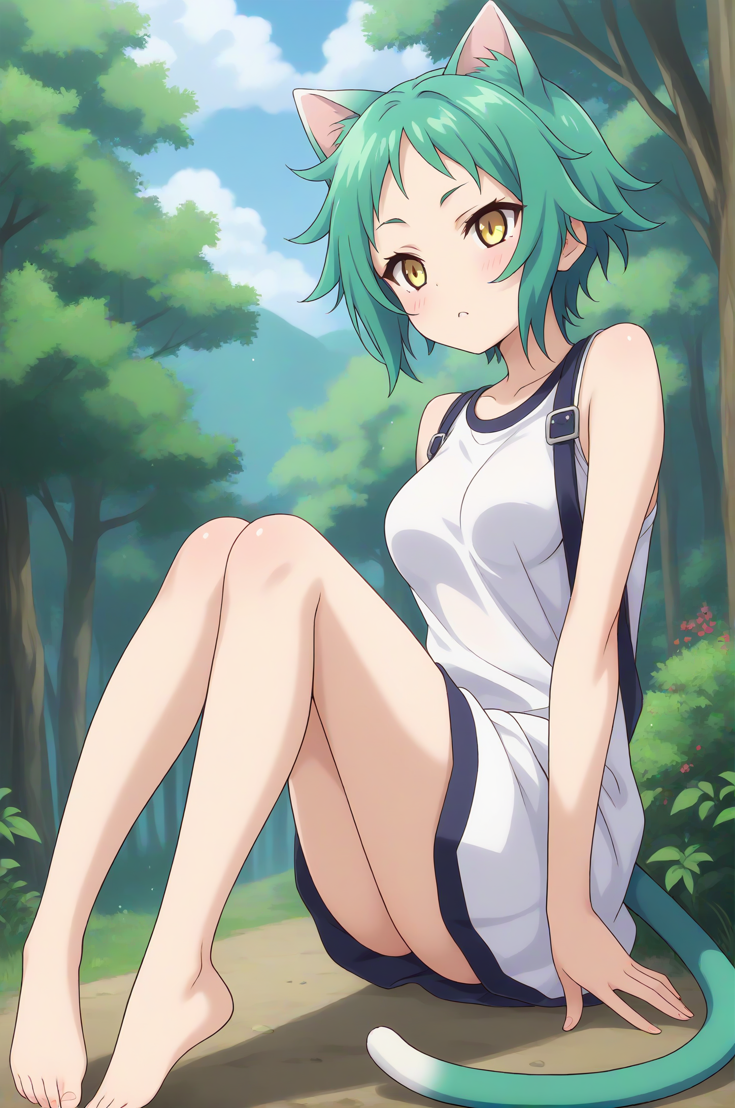 (:1.40), ys-yaya, green hair, short hair, yellow eyes, cat ears, cat tail, medium breasts, 1girl, solo, skinny, score_9, score_8_up, score_8, score_7_up, score_7, score_6_up, score_6, score_5_up, score_5, source_anime, (blush:1.10), 0.2:outdoors forest, (full body:1.20), feet, <lora:ys-yaya-V01-000003:0.80>