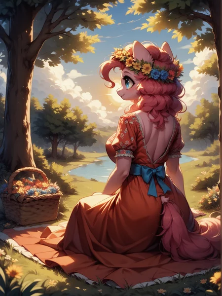 score_9, score_8_up, score_7_up, score_6_up, (realistic illustration:0.8),  1girl, solo, Pinkie Pie \(mlp\), (anthro pony:1.1), tail, big breast, red dress, blue belt, cute, flower crown,
picnic, big oak, sitting under the tree, sits on the ground, blanket, picnic basket, sun, sunset, sun rays, hill, back view, spring, flowering trees, outside,
<lora:Ukrainian_embroidered_shirt:1> Vyshyvanka, Ukrainian embroidered shirt, embroidered shirt, <lora:Anime Summer Days 2 Style SDXL_LoRA_Pony Diffusion V6 XL:0.5> <lora:Realistic000003_1_2.5DAnime_0.05_Merge1:0.5>  <lora:MegaFluffyPony:0.5> MegaFluffyPony, furry, fluffy
