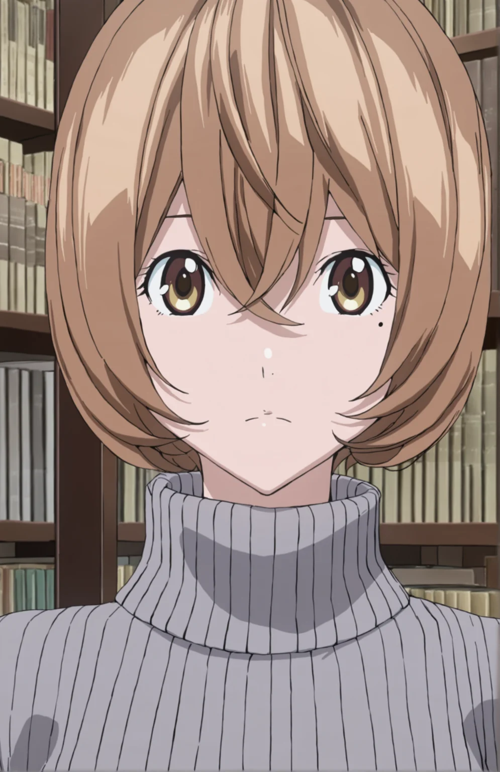 BakumanStyle, 1girl, solo, looking at viewer, short hair, chestnut hair, hair between eyes, camel eyes, closed mouth, mole, sweater, mole under eye, grey sweater, turtleneck, portrait, library, front view,