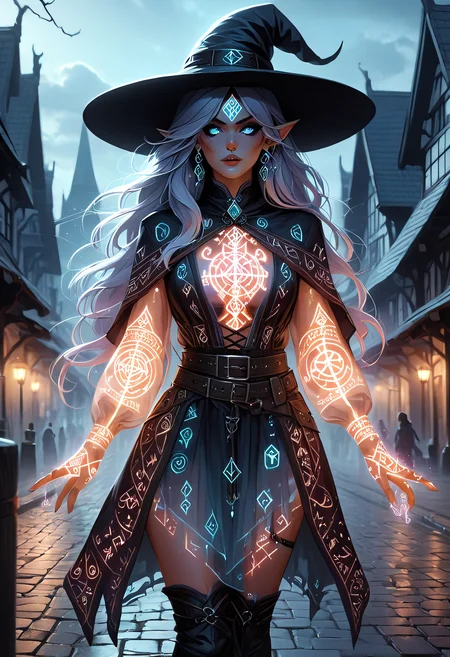 Glowing Runes, a witch wearing translucent outfit with runes, city background