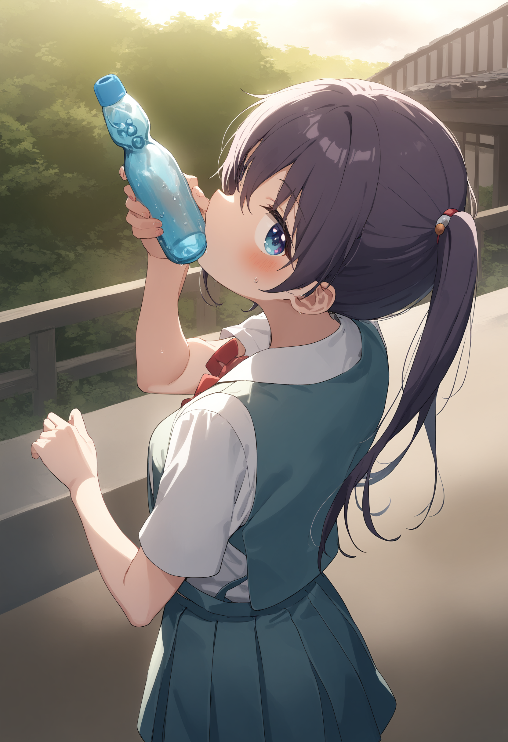 1girl,sincos, ningen mame, toosaka asagi,solo,medium breasts,school uniform,short sleeves,
ramune, holding bottle,<lora:ramune_XL_v1:0.9>
from behind, wide shot, looking away, purple hair, silver eyes,water eye, open terrace, closed mouth,
best quality, very aesthetic, absurdres