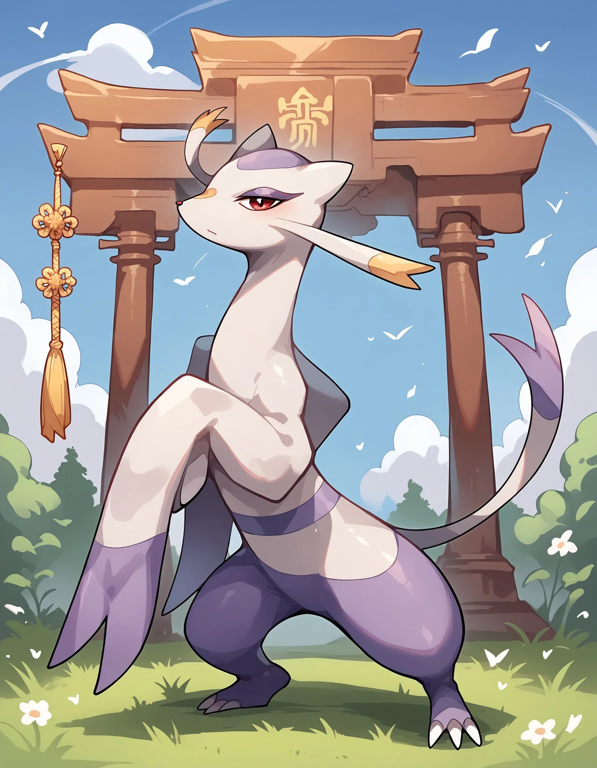 score_9, score_8_up, score_7_up, MienXL, pokemon \(creature\), (solo), full body, multicolored skin, purple skin, looking at viewer, chinese temple, nature, grass, sunny, standing, <lora:cefaa866-a58e-40ba-a219-79ab392f7d60:1.0>, <lora:00a14dbf-39f1-49fa-863a-53c2f420df5f:0.9>