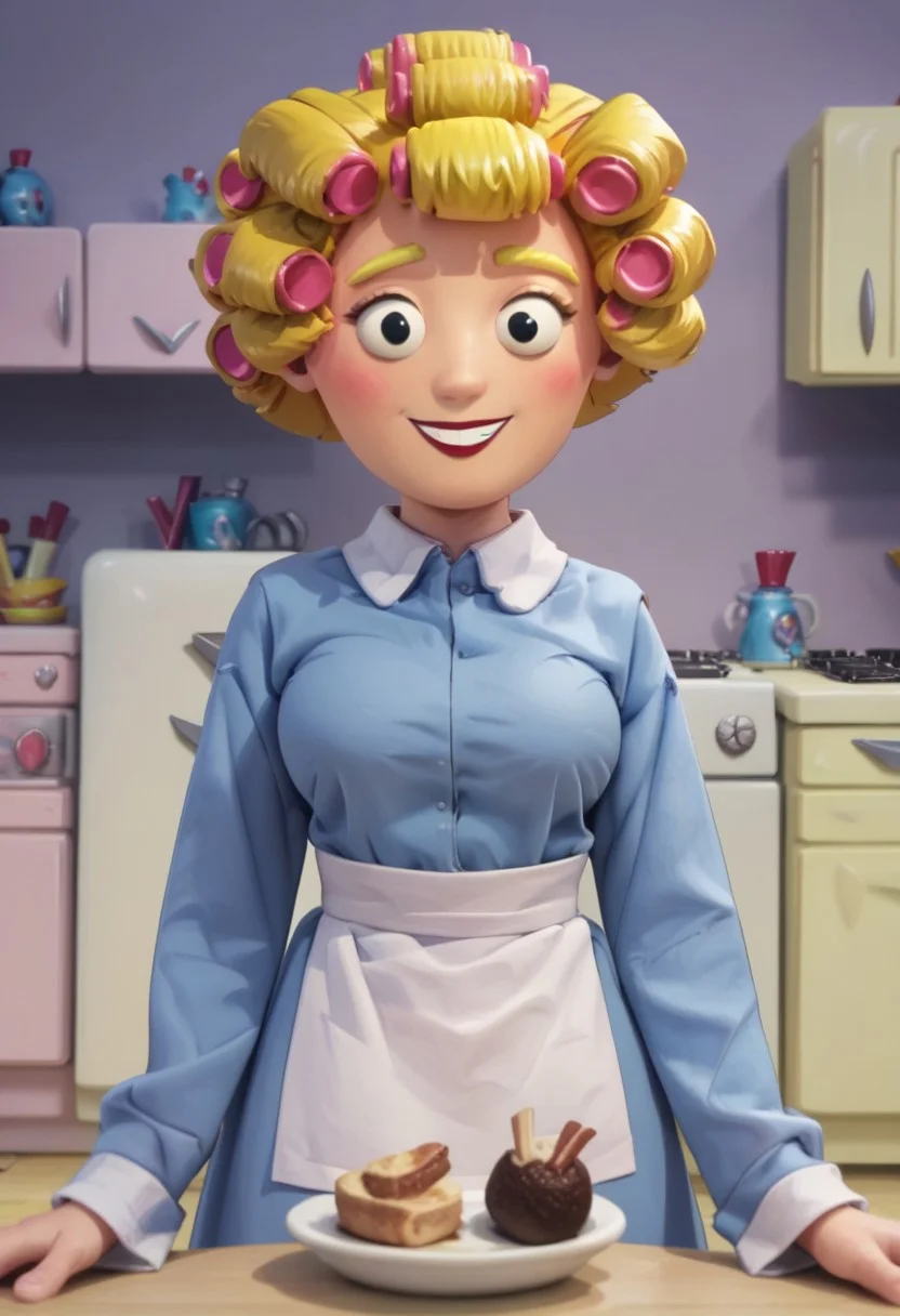 ((bedroom background)),score_9, score_8_up, score_7_up,score_6_up,
1girl, Solo, NurseBendy_MO, light skin, blonde hair, short hair, black eyes, red lips, blonde eyebrows, small red round ears, big eyes, hairstyle with hair curling tubes, long blue dress with sleeves, white apron for waist, black flat shoes, medium stature, social smile, sexy face, close-up, face photo, perfect eyes, perfect smile, looking at the viewer, big breasts, detailed eyes, perfect eyes, very close-up
