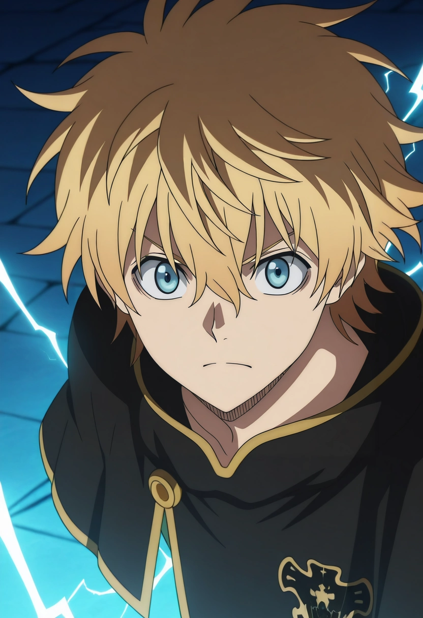 masterpiece, best quality, intricate details, anime screencap, anime coloring, official style, looking at viewer, 1boy, solo, male focus, <lora:luck_voltia_ilxl:0.96>, luck_voltia, blonde hair, blue eyes, short hair, hair between eyes, electricity, capelet, ,