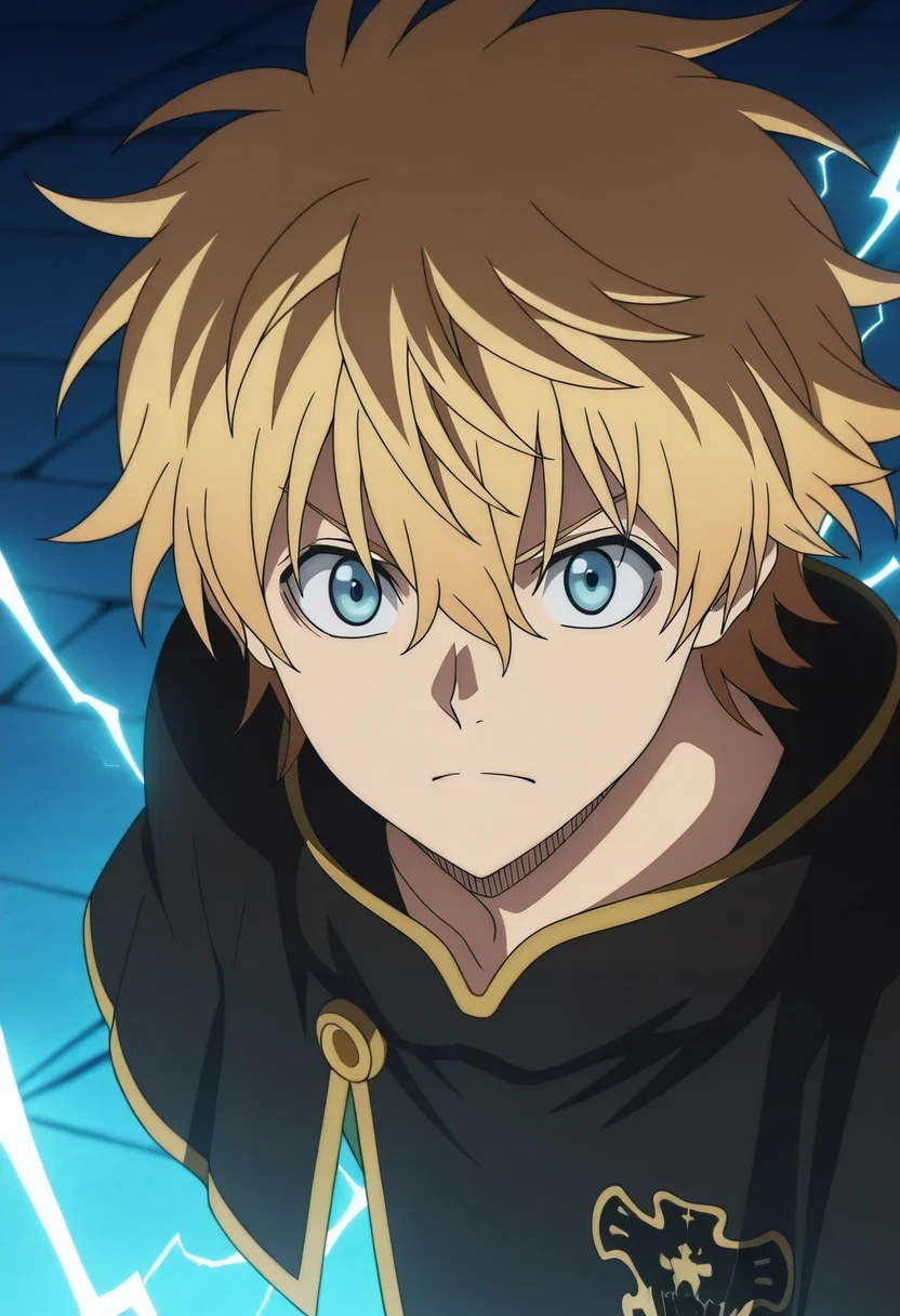 masterpiece, best quality, intricate details, anime screencap, anime coloring, official style, looking at viewer, 1boy, solo, male focus, <lora:luck_voltia_ilxl:0.96>, luck_voltia, blonde hair, blue eyes, short hair, hair between eyes, electricity, capelet, ,