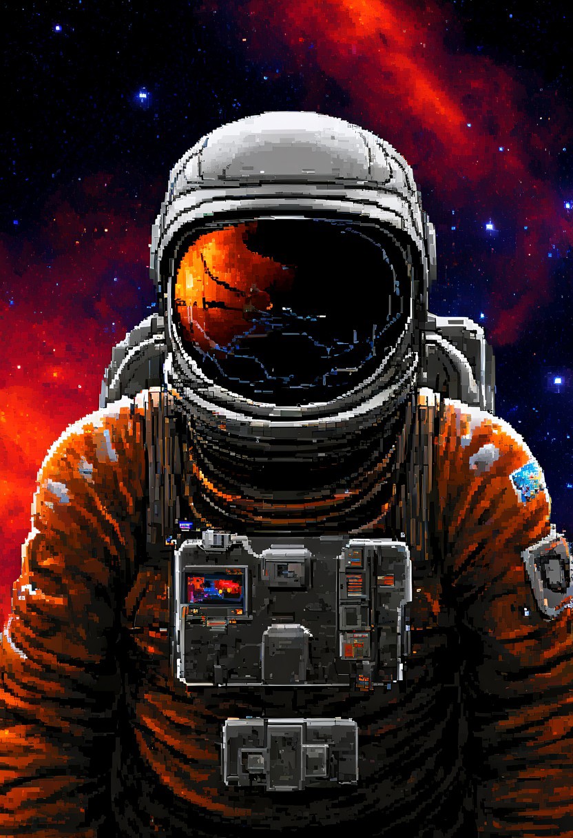 w1ngc0mmander, pixel art,
A determined astronaut in a sleek spacesuit floats near a massive space station orbiting a colorful nebula. Starry background, futuristic technology, helmet reflection, extreme close-up, portrait.