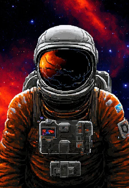 w1ngc0mmander, pixel art,
A determined astronaut in a sleek spacesuit floats near a massive space station orbiting a colorful nebula. Starry background, futuristic technology, helmet reflection, extreme close-up, portrait.