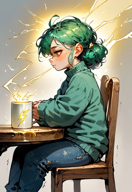 score_9, score_8_up, score_7_up, source_cartoon, 1girl, solo, adorable shortstack, stressed, jitters, shaking, (green hair, short, messy, freckles, sweater, jeans:1.1), sitting, table, chair, (holding empty mug with yellow lightning bolt decal:1.2), background, (detailed image, high resolution, 5k resolution:1.0), Expressiveh, (anime art style:0.75) (text "NEED BUZZ":1.5)