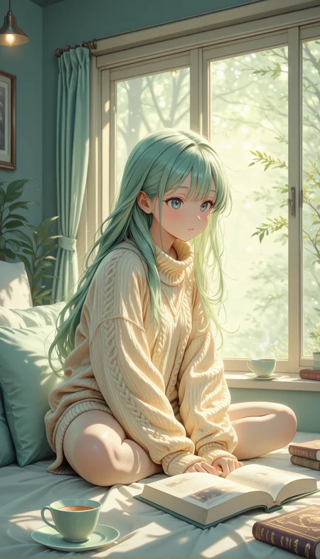 masterpiece, best quality, amazing quality, very aesthetic, absurdres, detailed eyes, newest, pinkenchantedmj, <lora:PinkieEnchantedMJIL:0.8>,
1girl, pastel mint-green hair, long hair, sitting pose, large window, soft light, cup of tea, oversized knitted sweater, cozy aesthetic, books, lights