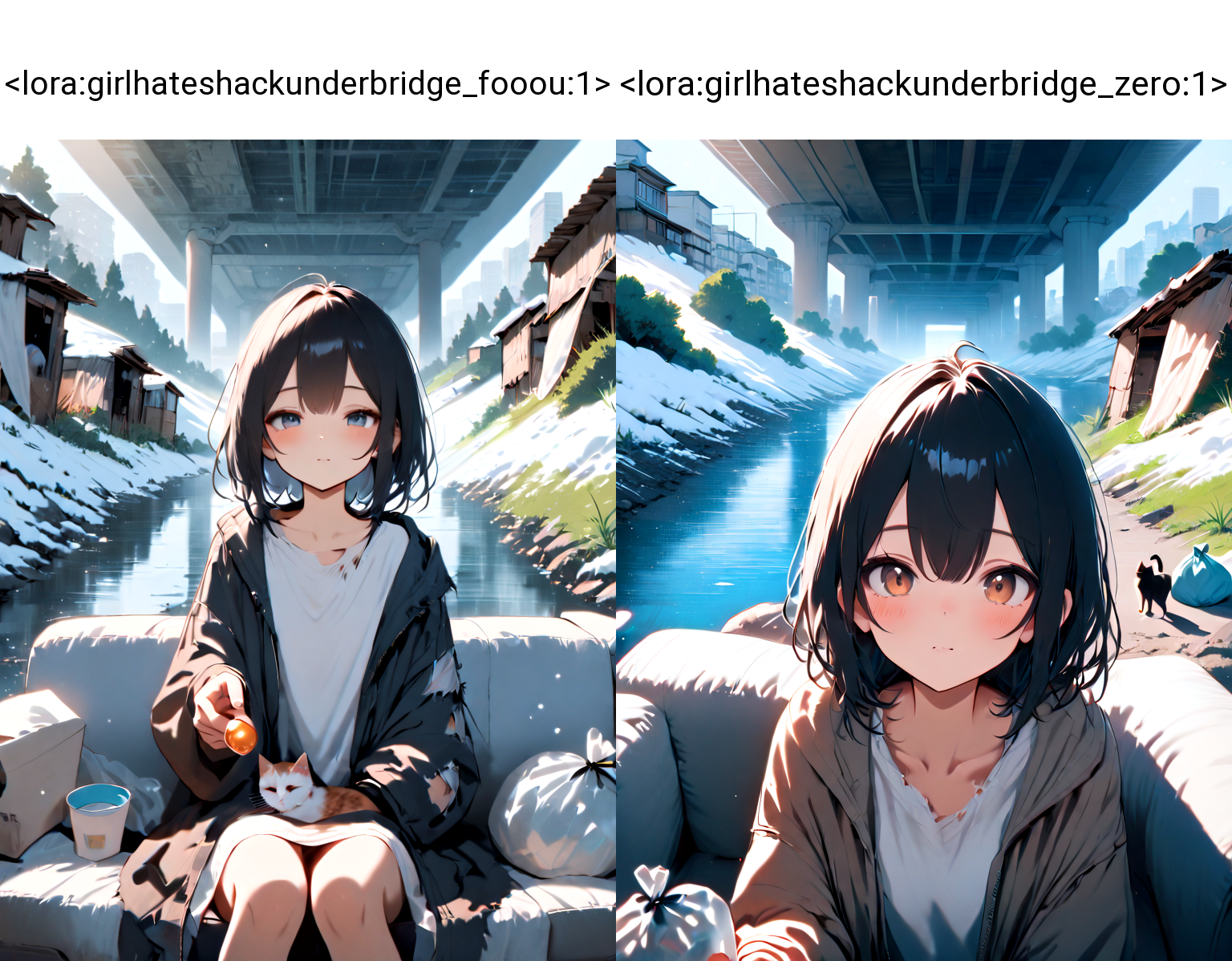 masterpiece, high score, great score, absurdres, shack under bridge, deep shadow, 1girl, sitting on sofa, blanket, open jacket, torn clothes, oversized clothes, cat, box, fog, city, tree, rock, weeds, ruins, river, water, building, scenery, outdoors, trash bag, snow, snowing, close-up, face focus, pov, (((incoming food))), <lora:girlhateshackunderbridge_fooou:1>