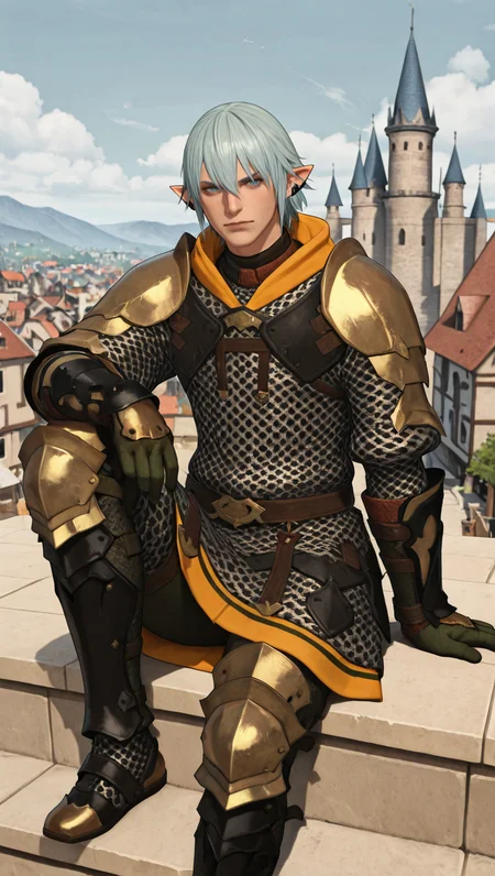 masterpiece,best quality,absurdres,newest,perfect quality,best quality,absolutely eye-catching,detailed background,male focus,solo,realistic,<lora:FFXIV - Haurchefant Greystone - Illustrious-000006:0.7>,hgreystone,1boy,adult male,elezen,pointy ears,silver blue hair,short hair,blue eyes,ear cuffs,chainmail armor,gauntlets,leg armor,armored thigh boots,outdoors,town,sitting,castle