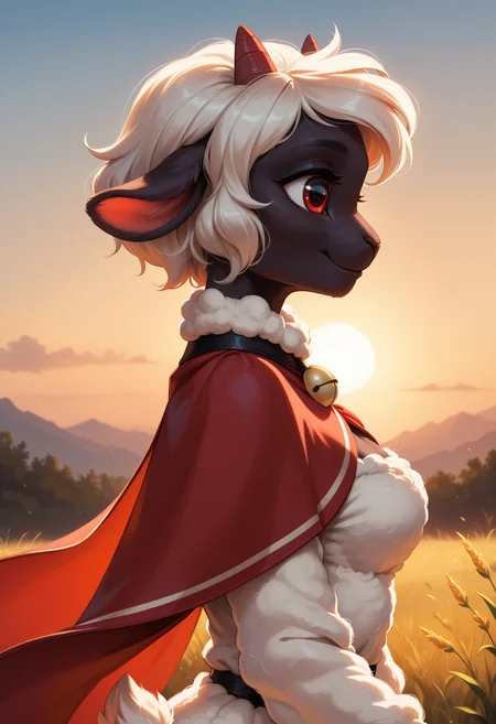 score_9, score_8_up, score_7_up,
source_furry, high quality, perfection, detailed, aesthetic, dim lighting,  
1girl, solo, side view, upper body,
meadows, sunrise, soft light, golden hour,
furry female, anthro, furred body, fluffy fur, beautiful girl, cute girl, adult, youthful, beautiful face,  beautiful eyes, perfect eyes, detailed eyes,
(lamb girl), medium breasts, white hair, short hair, wool,
Cult of the Lamb cosplay, wool clothes,
walking, relaxing, smile, happy, happy expression,