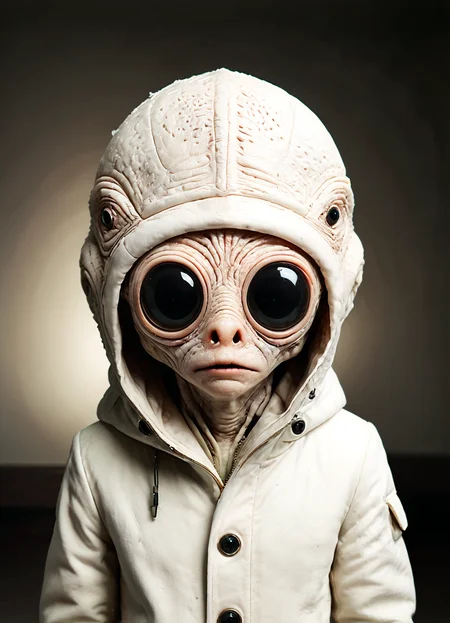 An image of an alien, a small, white, and creature with a big head and large eyes. It is wearing a winter white hooded jacket, which adds to its unique appearance. The alien's head is positioned in the center of the image, and it appears to be looking directly at the viewer. The overall impression is that of a cute and friendly creature, possibly from a distant planet or a fictional world. <lora:sss:0.8> <lora:fx-monsters-XL:0.35> <lora:Happy_World:0.8> <lora:ugly_SDXL:0.8> uglylora, subsurface scattering, Photorealistic, Hyperrealistic, analog style, realistic, film photography, soft lighting, heavy shadow