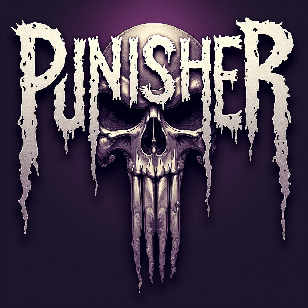 A striking, edgy poster featuring the word "Punisher" in a rough, stretched font. The end of each letter is pulled down to form a menacing skull, exuding a sense of danger and darkness. The rough, gothic-inspired typography adds to the overall gritty and intense atmosphere. The background is a sinister shade of purple, enhancing the ominous and powerful feel of the image., illustration, typography, poster