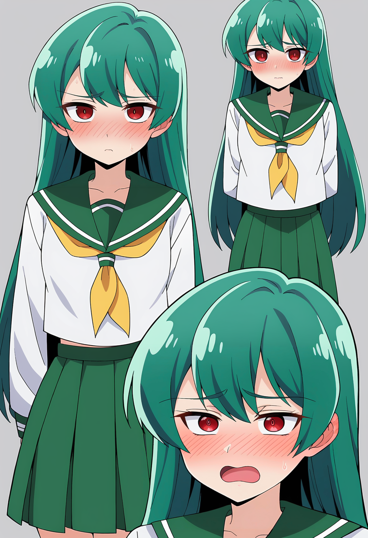 score_9, score_8_up, score_7_up, BREAK source_anime, 1girl, minakami sayo, long hair, green hair, red eyes, school uniform, serafuku, long sleeves, nose blush, multiple views, frozen lakeside <lora:brj-sayo-ponyXL-v0.6:0.8>