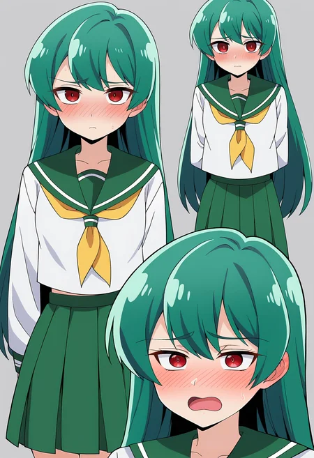 score_9, score_8_up, score_7_up, BREAK source_anime, 1girl, minakami sayo, long hair, green hair, red eyes, school uniform, serafuku, long sleeves, nose blush, multiple views, frozen lakeside <lora:brj-sayo-ponyXL-v0.6:0.8>