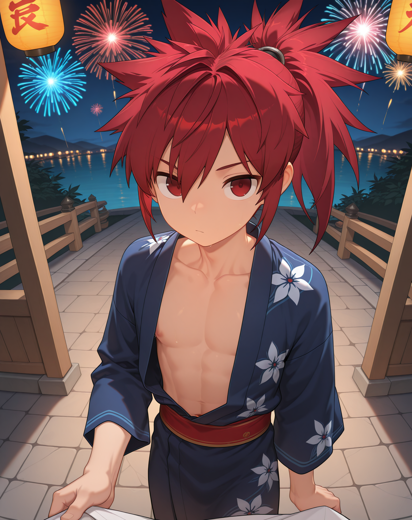 masterpiece,best quality,amazing quality, newest, very aesthetic, absurdres,
1boy, solo, yaoi, male focus, looking at viewer, cowboy shot,
 <lora:Elsword_Sheath_Knight_ilxl:1> elswordsk, red hair, red eyes, spiked hair, long hair, ponytail,
yukata, open clothes,
outdoors, festival, night, fireworks, stone floor,