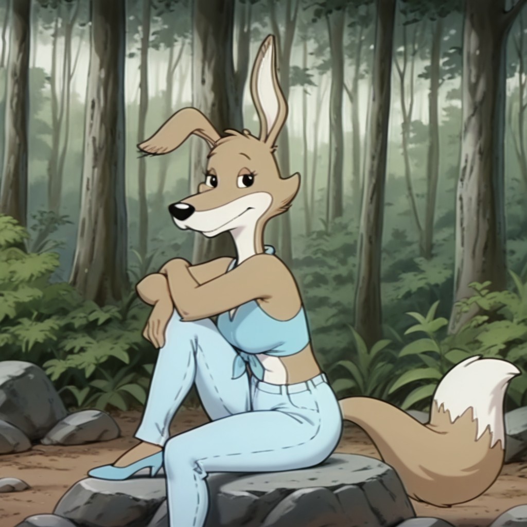 masterpiece, best quality, amazing quality, daisybbil, semi-anthro, female, dingo, brown fur, black eyes, tail, blue halter top, tied shirt, blue high heels, blue jeans,  forest, sitting, on a rock, one knee up, hugging knee, looking at viewer,