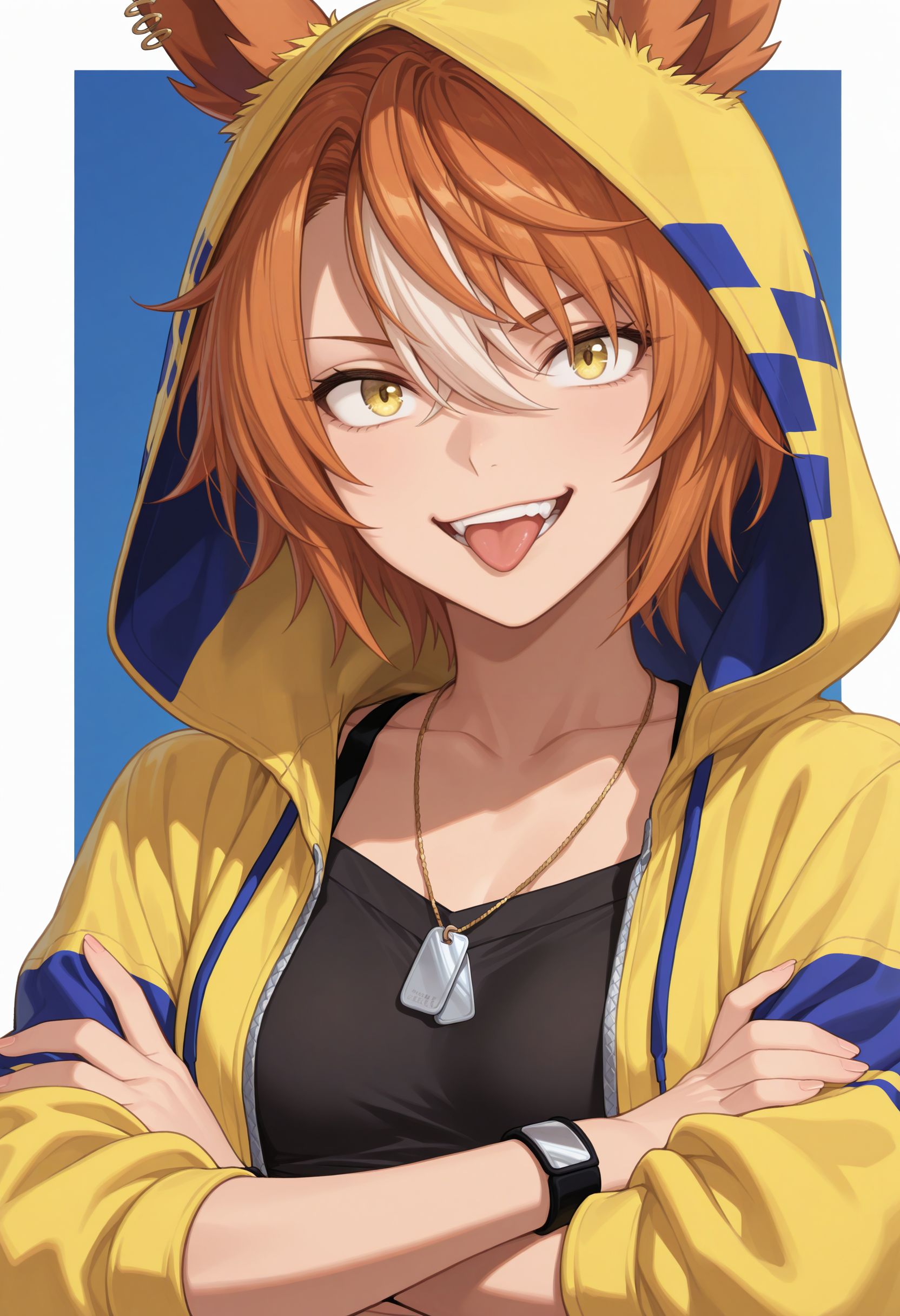 masterpiece, best quality, newest, solo, 1girl, 
 <lora:Dictus Striker illu:1> 1girl, tongue out, hood up, animal ears, yellow jacket, upper body, orange hair, open mouth, looking at viewer, jewelry, crop top, short hair, teeth, necklace, black shirt, horse girl, hooded jacket, smile, yellow eyes, multicolored hair, open clothes, midriff, ears through headwear, white border, wristband, hair between eyes, open jacket, dog tags, collarbone, small breasts, blue background, arms crossed,