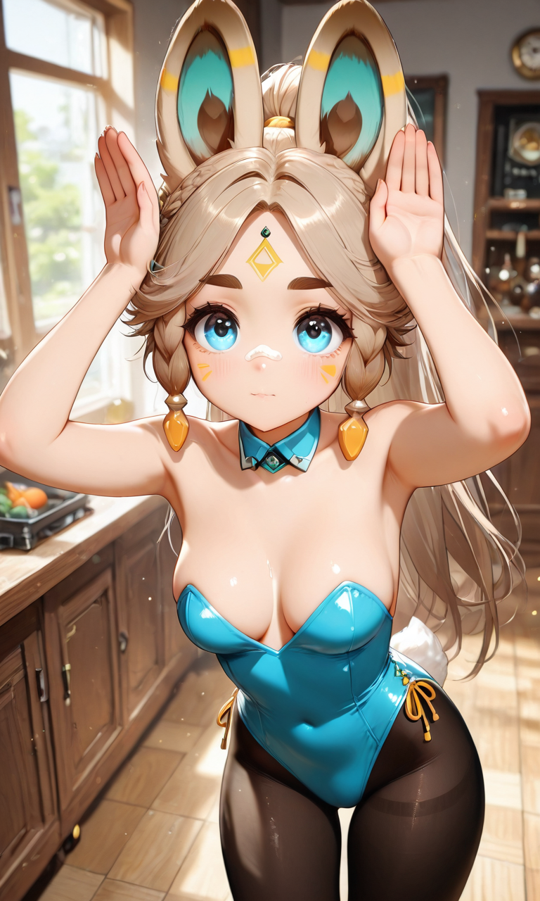 masterpiece, cute, lovely, (best quality:1.3), best quality, (amazing quality:1.3) ,very aesthetic, high resolution, absurdres, newest, 1girl, solo, perfect eyes, intricate eyes, Kachina_Genshin, animal ears, long hair, braid, high ponytail, brown hair, thick eyebrows, facial mark, blue eyes, parted bangs, tattoo, animal_tail, very cute, light particles, cute details, cute colors, (medium_breasts:1.3), BREAK, black pantyhose, playboy bunny, rabbit pose, blue leotard