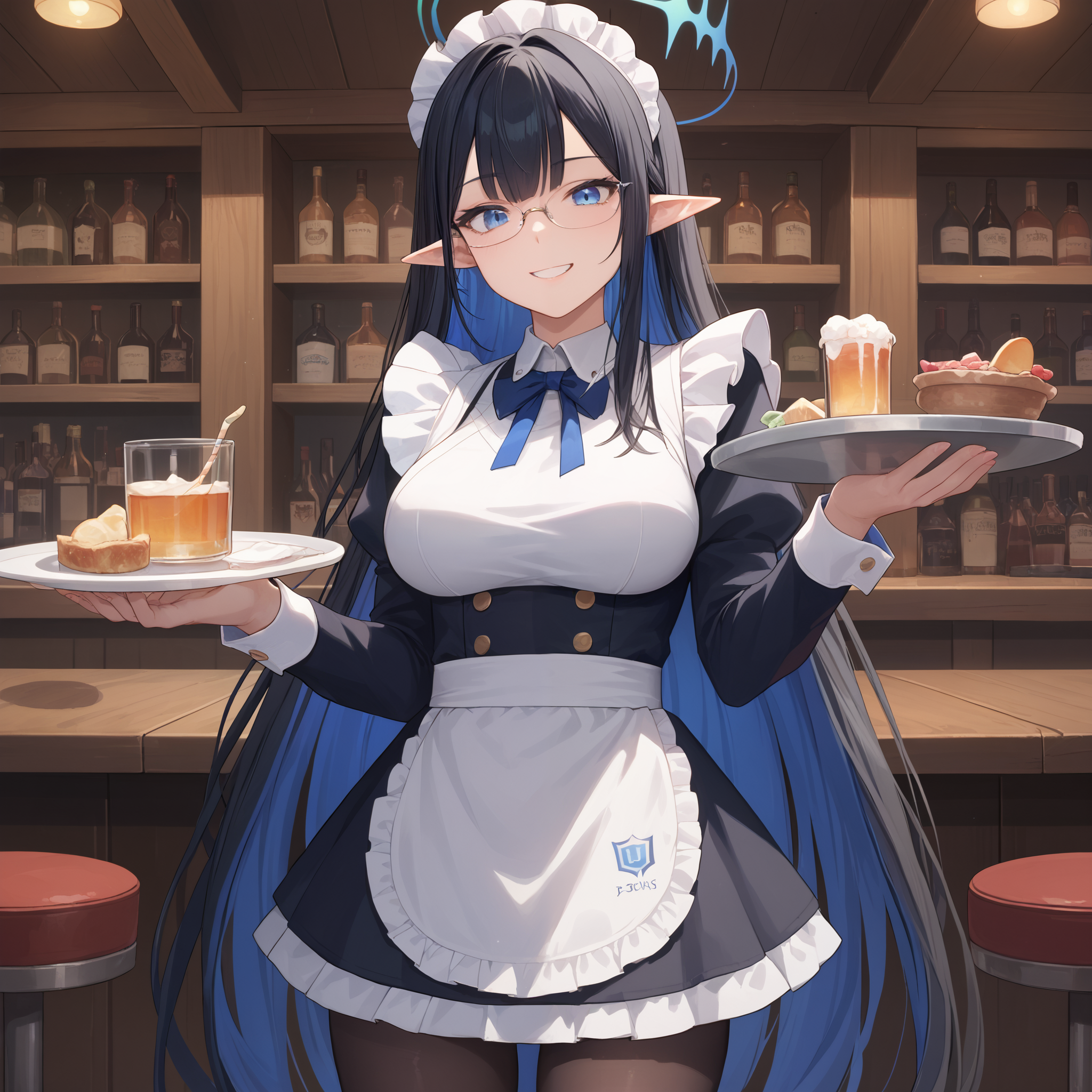 score_9, score_8_up, score_7_up, score_6_up, BREAK source_anime, look at viewer, cowboy shot, 1girl, solo,  masterpiece, best quality, high detailed skin,   rin \(blue archive\), long hair, multicolored hair, black hair, halo, pointy ears, blue eyes, glasses, maid, maid headdress, maid apron, pantyhose, holding plate, bar, indoors, smiling,