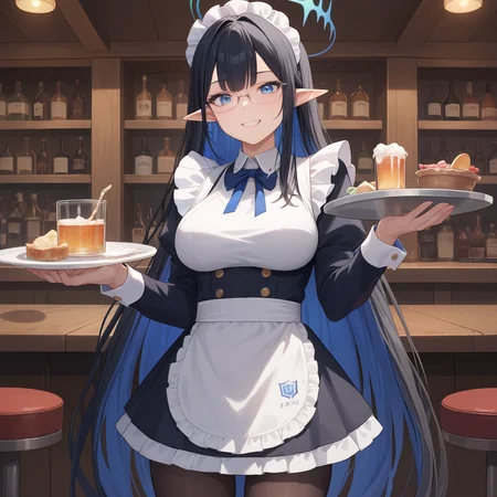 score_9, score_8_up, score_7_up, score_6_up, BREAK source_anime, look at viewer, cowboy shot, 1girl, solo, masterpiece, best quality, high detailed skin, rin \(blue archive\), long hair, multicolored hair, black hair, halo, pointy ears, blue eyes, glasses, maid, maid headdress, maid apron, pantyhose, holding plate, bar, indoors, smiling,