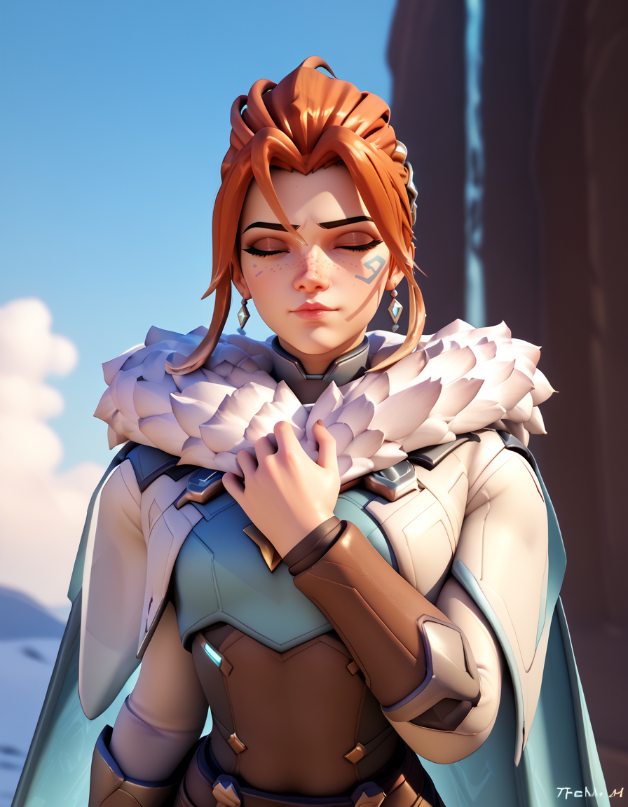 score_9, score_8_up, score_7_up, high-res, 2k, best quality, 3d, solo focus, frejaow, freja (overwatch), fur trim, cape,   <lora:Freja_ow_pony-000040:1>  Whispering to the Sky: Look upwards as if whispering to the sky conveying a sense of spirituality and connection to nature.