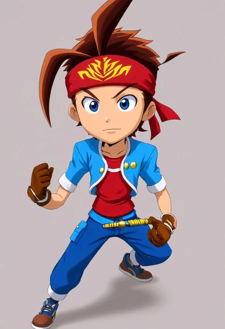 score_9, score_8_up, score_7_up, brown hair, spiked up hair, blue eyes, red headband with golden design, a red shirt, blue pants, light blue jacket, gloves, brown gloves