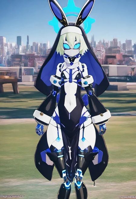 score_9, score_8_up, score_7_up, white outline, abstract background,(outline:0.7), girl, source-disgaea, disgaea style, outdoors, city, park, trees, skyscrapers, grass, sci fi background, sunny, clear blue sky, Cyborg girl, cyborgirl, android, detailed face, anime style, glowing eyes, ball jointed limbs, mechanical parts, mechanical arms, mechanical limbs, prosthetic limbs, prosthetic arms, prosthetic legs, techwear, scifioutfit, bioluminescence, Red glow. wire, hourglass figure, perfect hips, perfect thighs, long eyelashes, smug, thigh highs, small face, flat tummy, sexy legs, (1 girl, beautiful face,round face, perfectly round breasts,skinny body, incredibly cute, small breasts, detailed face, thigh gap, curvy,shy, seductive, half-closed eyes, lidded eyes, looking at viewer, (slim fit), sexy nun costume, nun habit, mechanical rabbit ears, halo, mask, pelvic curtain, long oversized sleeves, garter straps, thigh high boots,