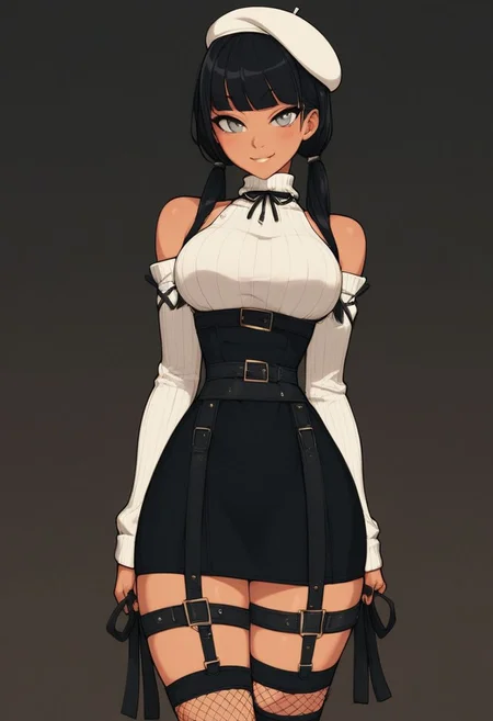 score_9, score_8_up, score_8,1 girl, solo, girl, white beret, bob cut with twintails, white oversize Turtleneck Sweater with open shoulders and long sleeves, grey eyes, bare shoulders, knee-high knitted leg warmers, black hair, black ribbon choker, long hair, petite, black hair, short skirt with high waist, belt, large teardrop breasts, looking at viewer, smile