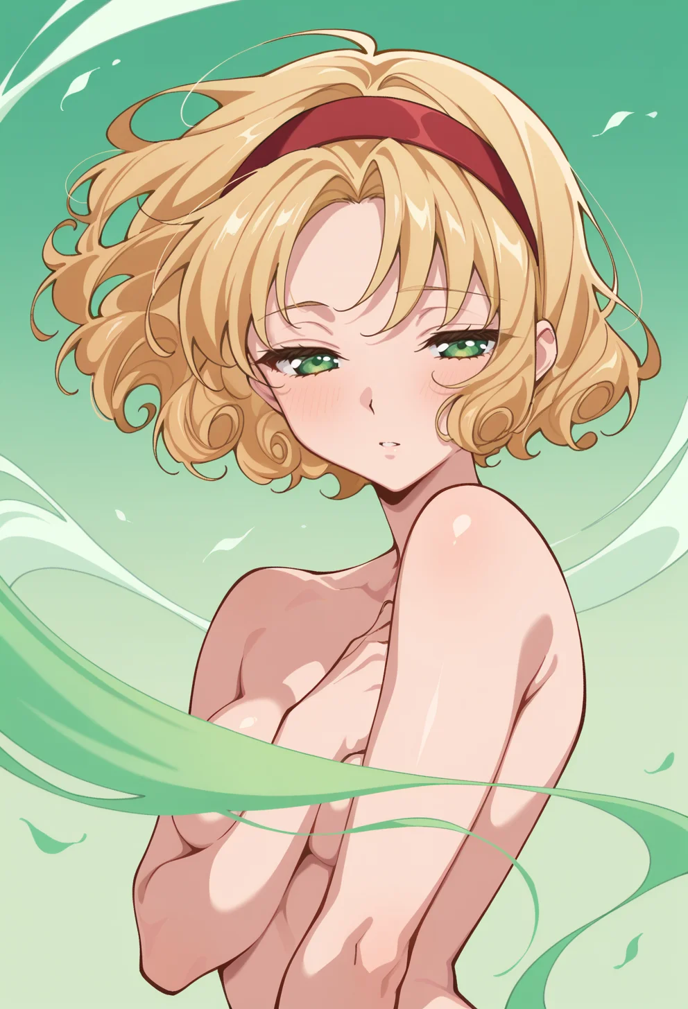 masterpiece, best quality, high quality, anime, solo, <lora:AEFuuillx:1>twisted torso,
AEFuuDef, green eyes, curly hair, parted bangs, short hair, half-closed eyes, wind energy, magic, nude, portrait, convenient censoring, twisted torso, simple background, green background, gradient background, red hairband, arm across chest,