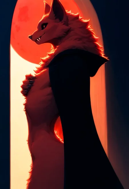 score_9, score_8_up, score_7_up, beautiful monster girl, 1 vampire bat, fur, two toned fur, furred body, fur along chest, extremely detailed, f4ng, besides window, looking in, sharp fangs, hiding, low light, in shadow, night, fur around neck, bat ears, close up:2, perfect teeth, back lighting, dynamic blue lighting,  small chest, covering body, (back to viewer), blood moon, fur covering nipples, covered in cloak, detailed fur, long black cloak, skin texture, slight smile,  covered, vestigial wings, pubic tuft, looking down, wide hips, thin waist, curvy body, large eyes, wide eyes, black sclera, black pupils, glossy eyes, from side, from below, easynegative
