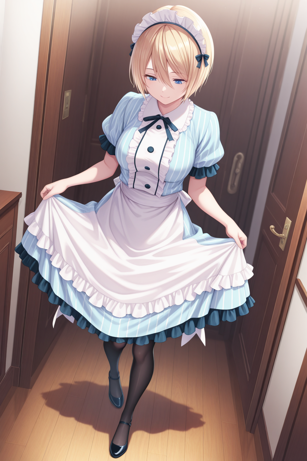 1girl, TerraceAkane,  
general, solo, perspective, dynamic angle, full body,
short hair, blue eyes, blonde hair, hair between eyes, breasts,
maid, maid headdress, short sleeves, frills, puffy sleeves, striped clothes, blue striped dress, apron, neck ribbon, 
black pantyhose,
smile,
looking down, curtsey, standing on one leg,
<lora:TerraceAkane-10:1.0>,
masterpiece, best quality, amazing quality