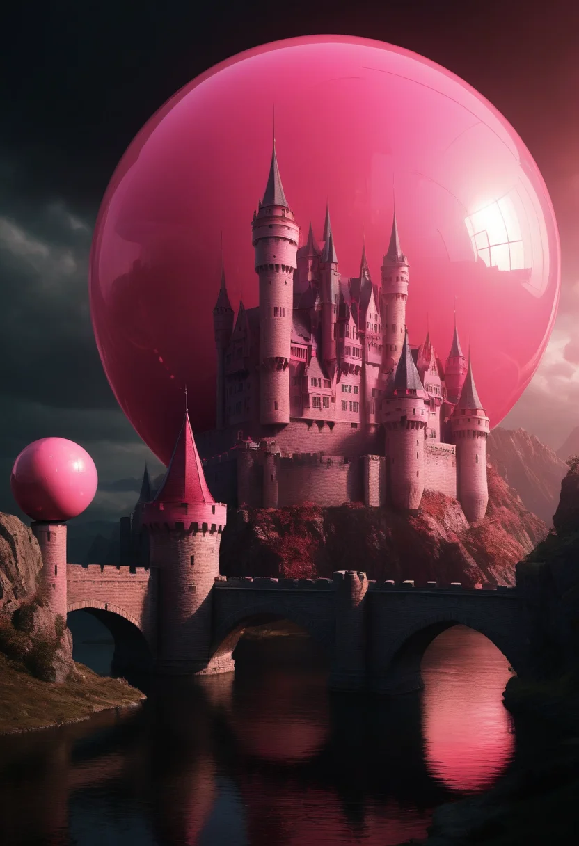 The image is a digital illustration of a castle with a large pink sphere in the center. The sphere is spherical and appears to be floating above the castle. The castle is made of stone and has two towers with pointed roofs. The walls of the castle are made of brick and there is a bridge in front of it. The background is dark and there are red rays of light shining down on the castle, creating a dramatic and eerie atmosphere. The overall color scheme of the image is pink and red, giving it a futuristic and sci-fi feel.