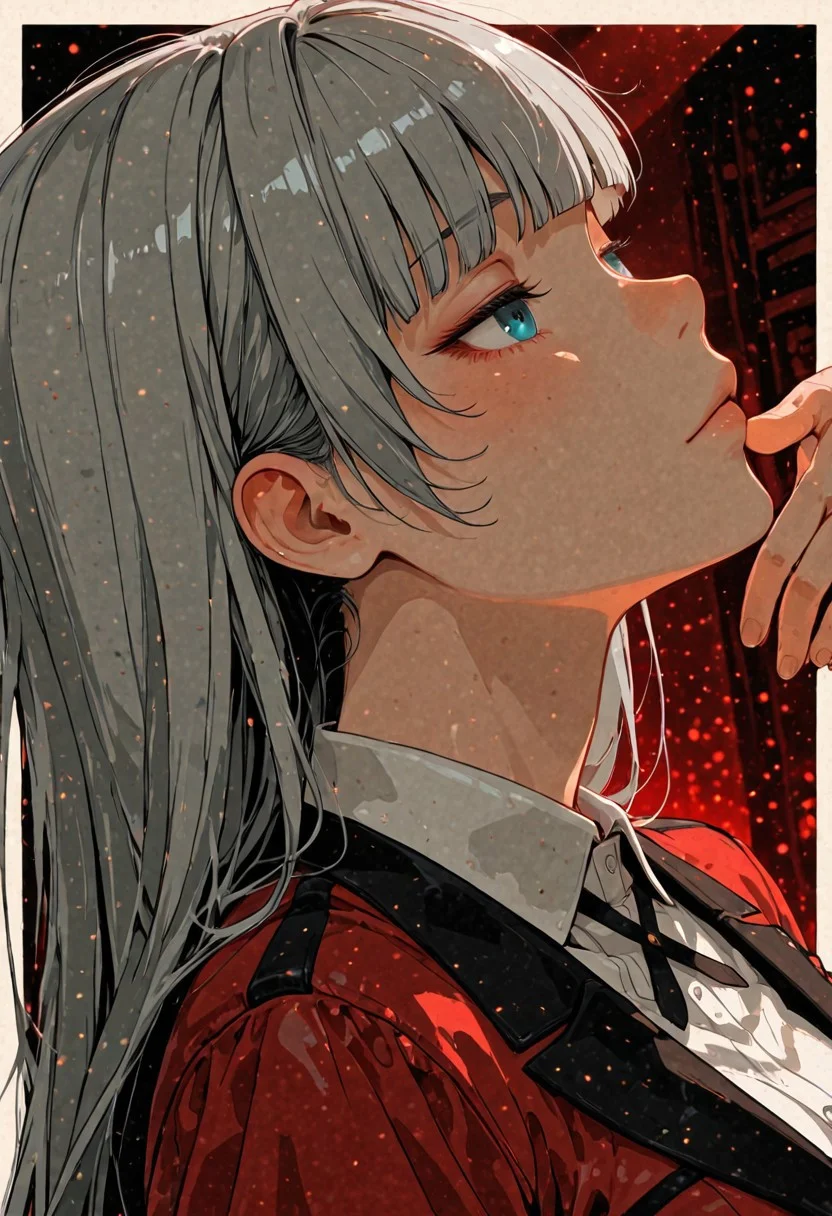 score_9, score_8_up, score_7_up,source_anime, high res image, masterpiece, best quality, masterpiece, newest, absurdres, best quality, hires, <lora:GEN(illust) 0.2v:1>high contrast, CG, anime, source anime, illustratio <lora:kakegurui_ririkamomobami_illustriousXL:1>
BREAK r1rika, long hair, grey hair, blunt bangs, hime cut, blue eyes
red jacket, blazer, long sleeves, white shirt, collared shirt, cross tie,
closeup, closeup to face, portrait, outside border,
simple background
cinematic angle, various angles, detailed background, beautiful background, red theme, (rays light:1.0),(grow:1.0), light particles