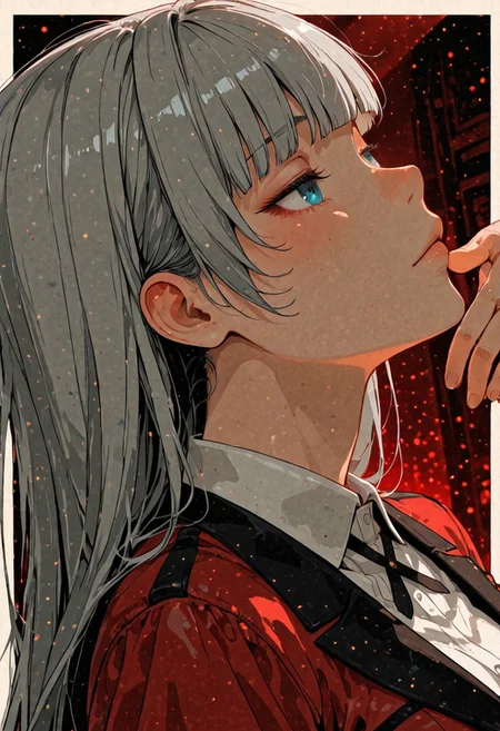 score_9, score_8_up, score_7_up,source_anime, high res image, masterpiece, best quality, masterpiece, newest, absurdres, best quality, hires, <lora:GEN(illust) 0.2v:1>high contrast, CG, anime, source anime, illustratio <lora:kakegurui_ririkamomobami_illustriousXL:1>
BREAK r1rika, long hair, grey hair, blunt bangs, hime cut, blue eyes
red jacket, blazer, long sleeves, white shirt, collared shirt, cross tie,
closeup, closeup to face, portrait, outside border,
simple background
cinematic angle, various angles, detailed background, beautiful background, red theme, (rays light:1.0),(grow:1.0), light particles